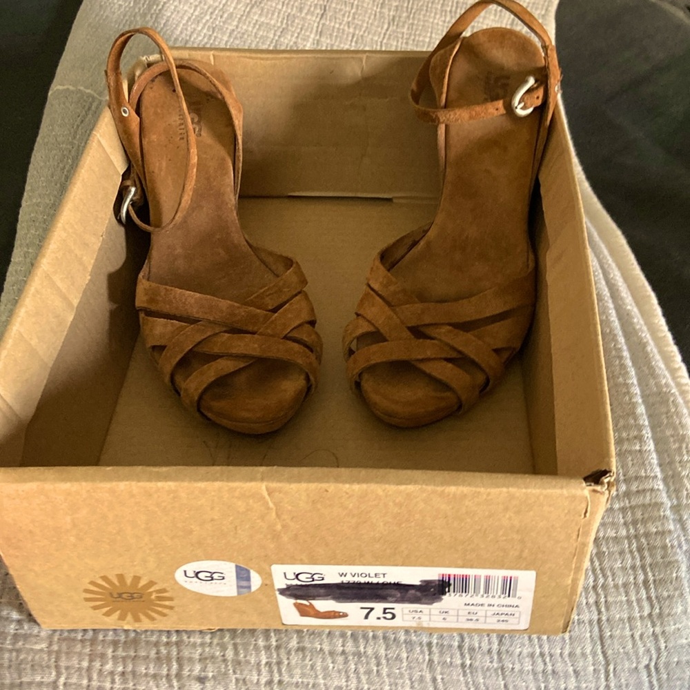 UGG Dark Tan Suede Wedge ~ Ankle Strap Gorgeous Comfortable Sandals. Sz. 7.5